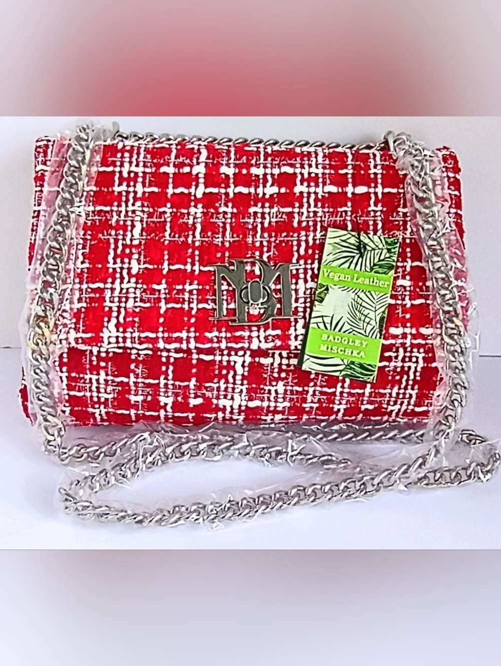 Badgley Mischka Red Tweed Crossbody Bag Silver Chain NWT Designer MSRP $149